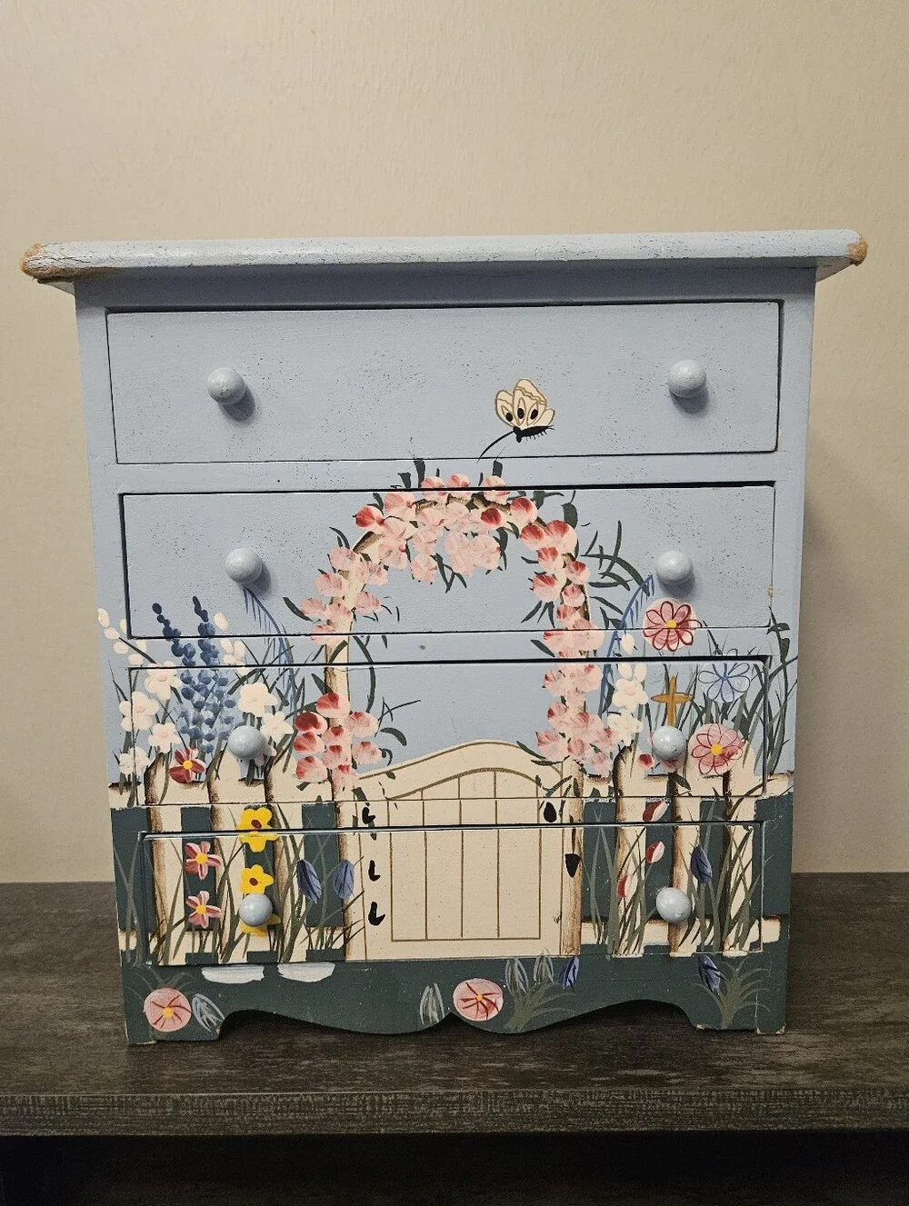 Vintage Hand-Painted Floral Cottage 4-Drawer Trinket Jewelry Box